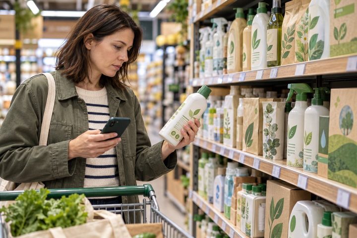 Kupująca sprawdza etykietę produktu reklamowanego jako ekologiczny
