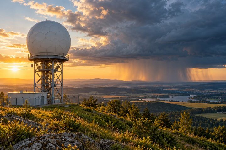 Wieża radaru meteorologicznego obserwująca strefę intensywnego opadu