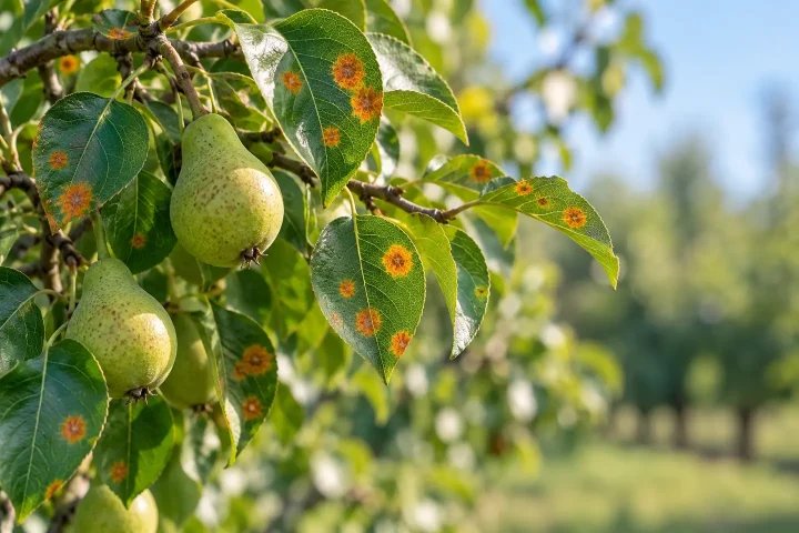 Rdza gruszy na liściach Pomarańczowe plamy rdzy gruszy na liściach