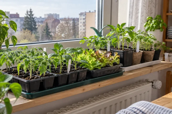 Zdrowe siewki pomidorów, papryki i sałaty ustawione w pojemnikach na jasnym parapecie