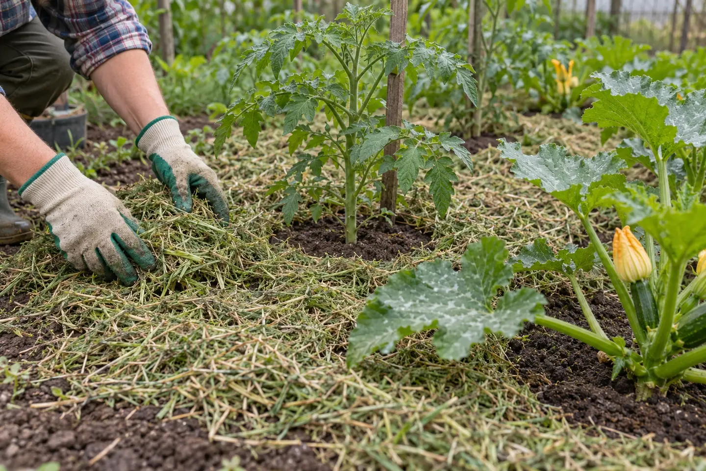 Cienka warstwa podsuszonej trawy w warzywniku Rozkładanie cienkiej warstwy podsuszonej trawy między warzywami