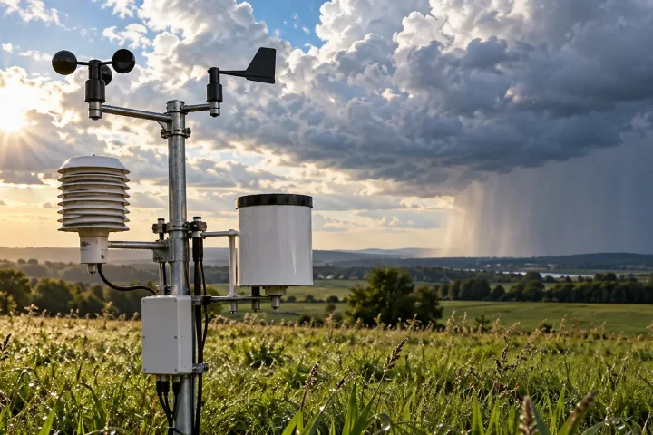 Składniki pogody mierzone przez stację meteorologiczną Stacja meteorologiczna mierząca temperaturę, wiatr, wilgotność i opad pod zmiennym niebem