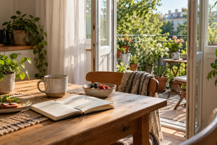 Spokojny poranek przy stole z notesem i widokiem na zielony balkon