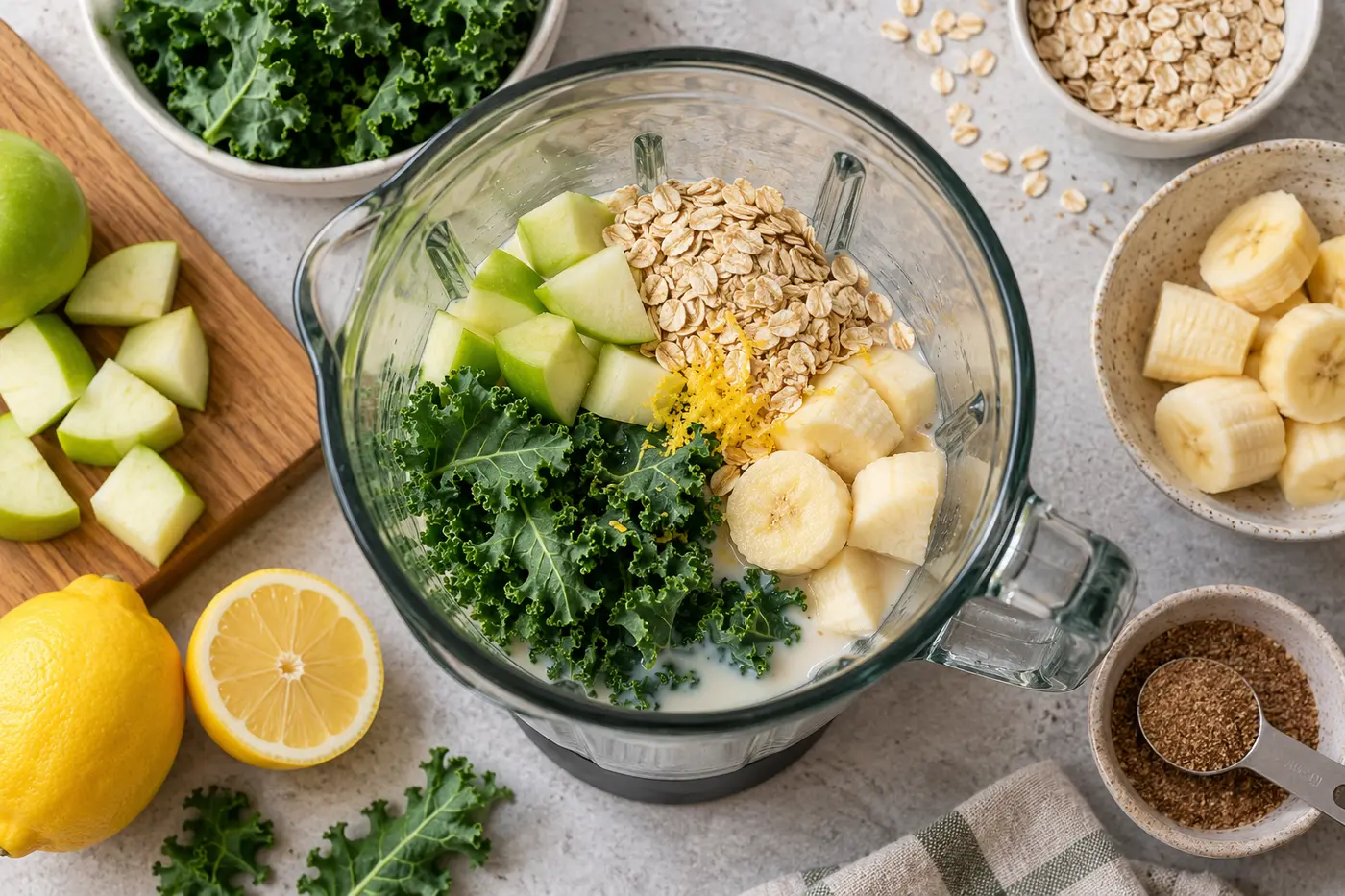 Składniki smoothie z jarmużu ułożone w kielichu blendera przed miksowaniem