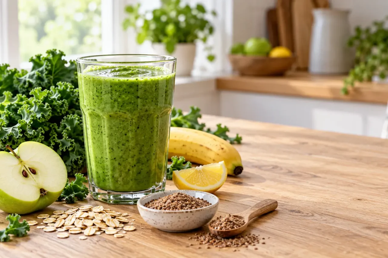 Zielone smoothie z jarmużu z jabłkiem, bananem, cytryną, płatkami owsianymi i siemieniem lnianym