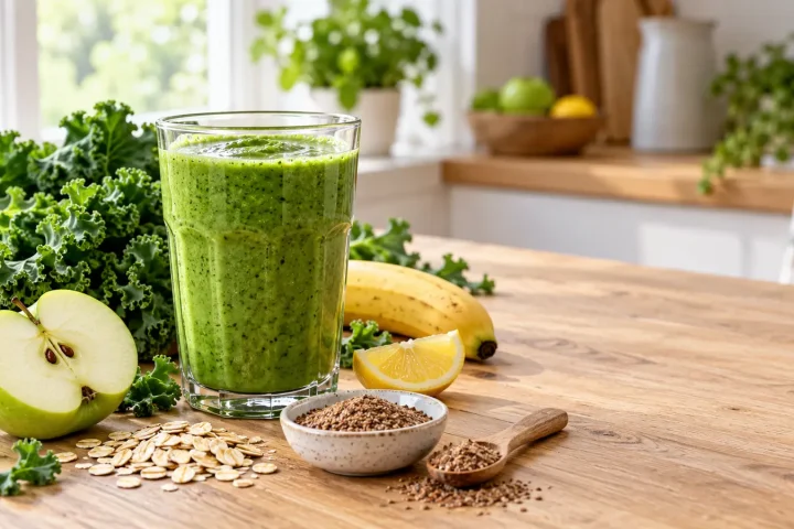 Zielone smoothie z jarmużu z jabłkiem, bananem, cytryną, płatkami owsianymi i siemieniem lnianym
