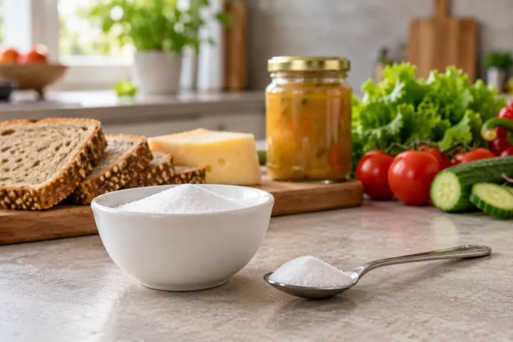 Łyżeczka soli kuchennej obok pieczywa, sera, przetworów i świeżych warzyw
