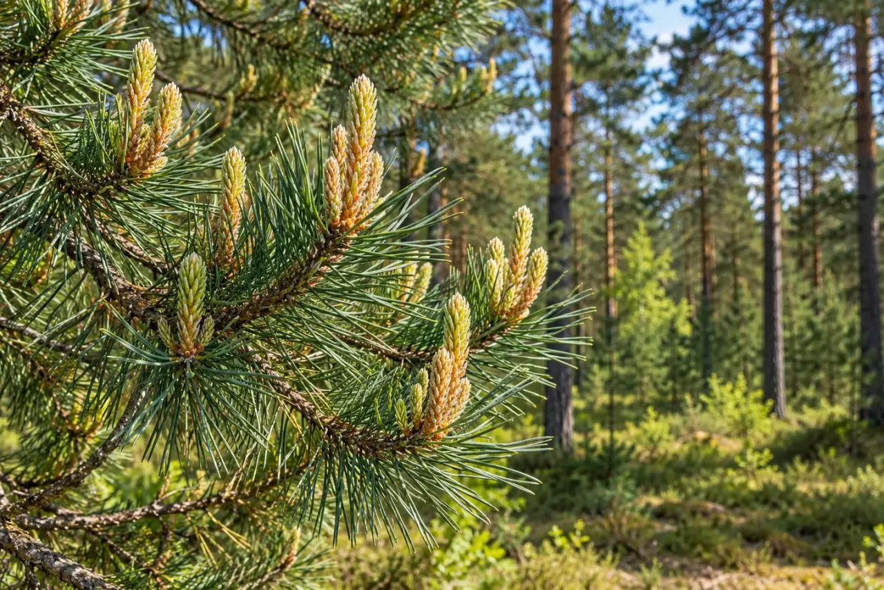 Młode pędy sosny zwyczajnej na tle wiosennego lasu
