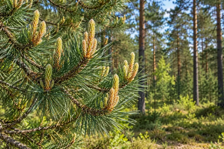 Młode pędy sosny zwyczajnej na tle wiosennego lasu
