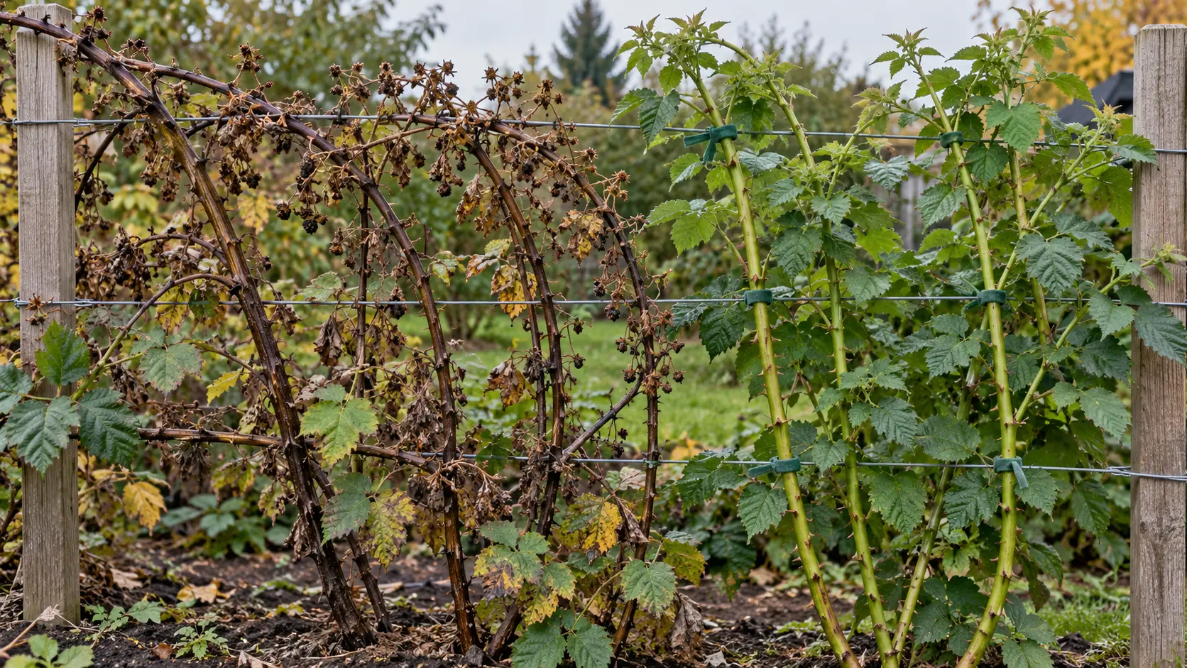 Stare i młode pędy jeżyny na podporze Stare pędy jeżyny po owocowaniu i młode zielone pędy rozdzielone na podporze