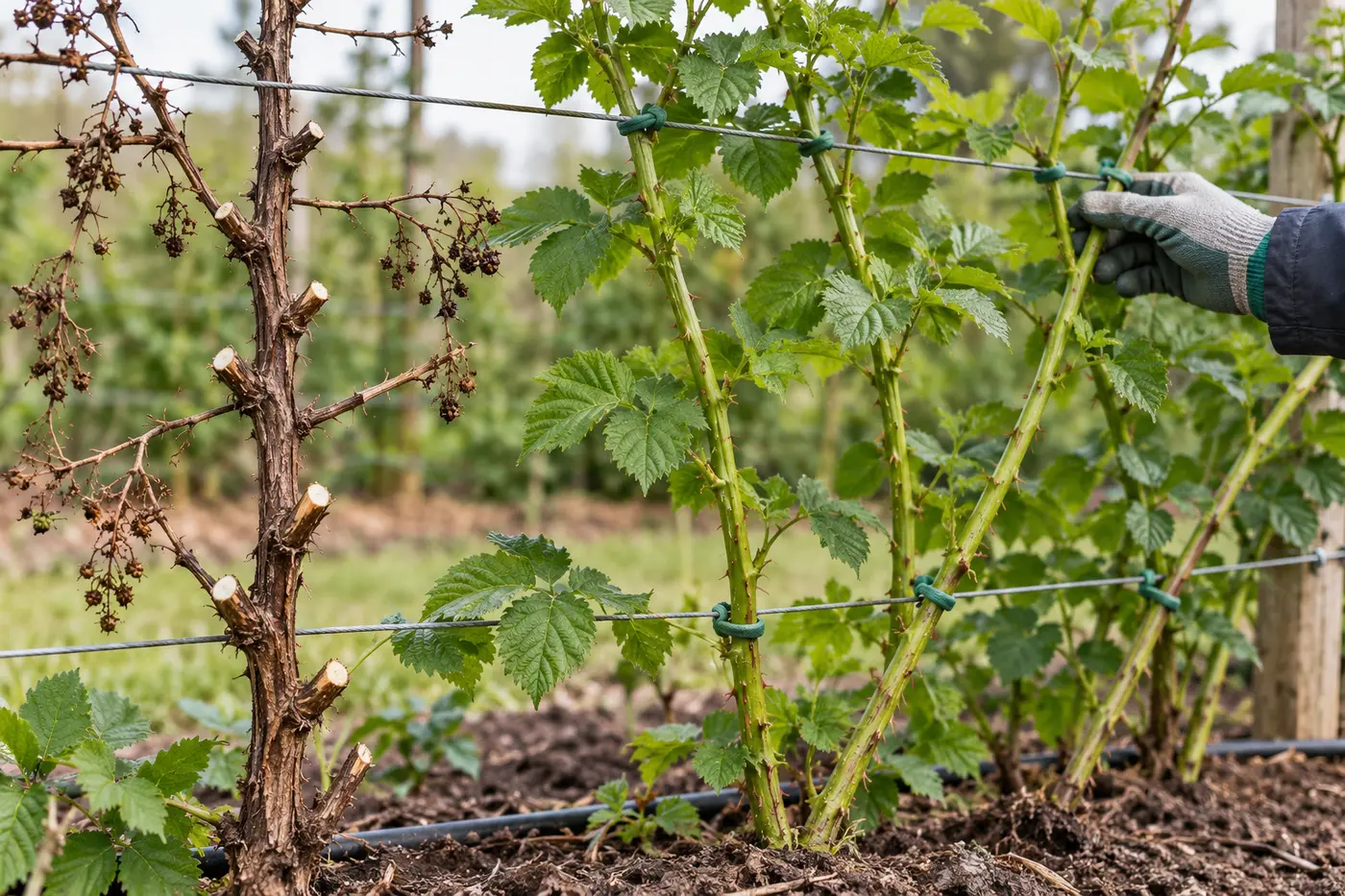 Stare i nowe pędy jeżyn na podporze Stary brązowy pęd jeżyny po owocowaniu obok młodych zielonych pędów przywiązanych do drutów
