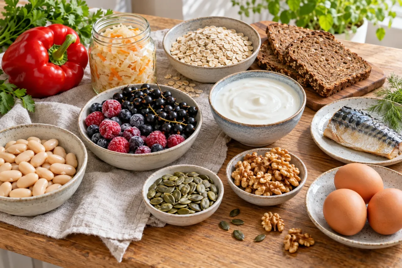 Różnorodne produkty spożywcze: papryka, porzeczki, fasola, jogurt, płatki, orzechy, pestki, jajka i ryba