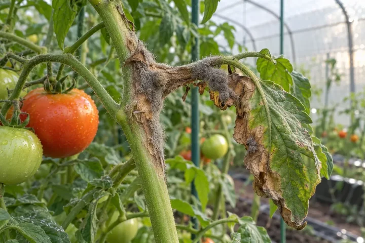 Szary nalot Botrytis na łodydze i liściu pomidora w tunelu