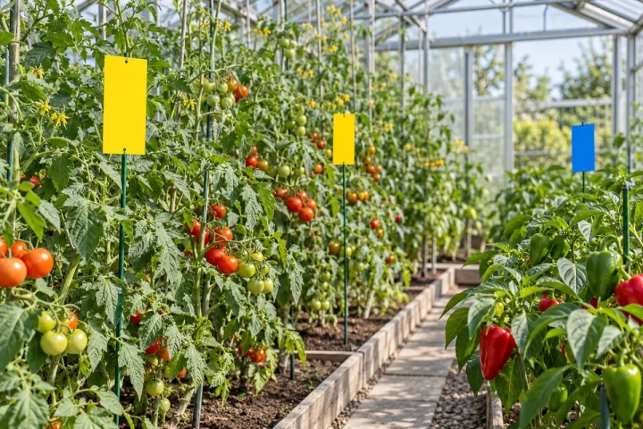 Żółte i niebieskie tablice lepowe rozmieszczone przy roślinach w szklarni