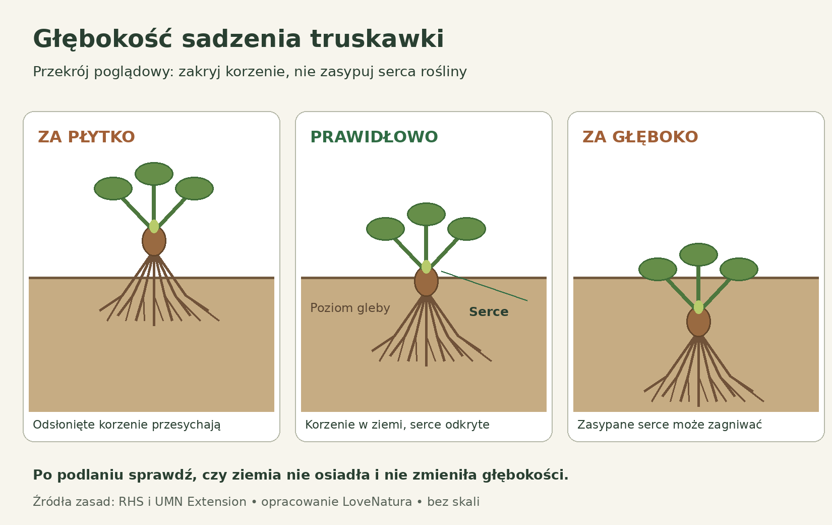Trzy przekroje sadzenia truskawki: za płytko z odsłoniętymi korzeniami, prawidłowo z odkrytym sercem i za głęboko z zasypanym sercem
