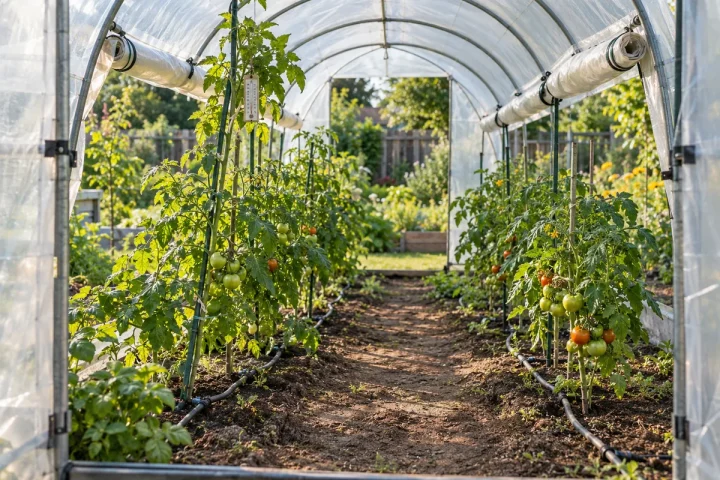 Tunel foliowy z otwartymi bokami i nawadnianiem kroplowym Wnętrze tunelu foliowego z pomidorami, podwiniętymi bokami i liniami kroplującymi przy glebie