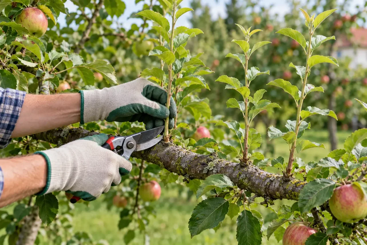 Usuwanie wilków z jabłoni Ogrodnik wycina pionowy pęd wodny wyrastający z konaru jabłoni