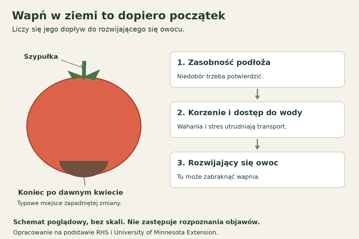 Schemat pokazujący koniec pomidora po dawnym kwiecie oraz drogę od zasobności podłoża przez wodę i korzenie do owocu