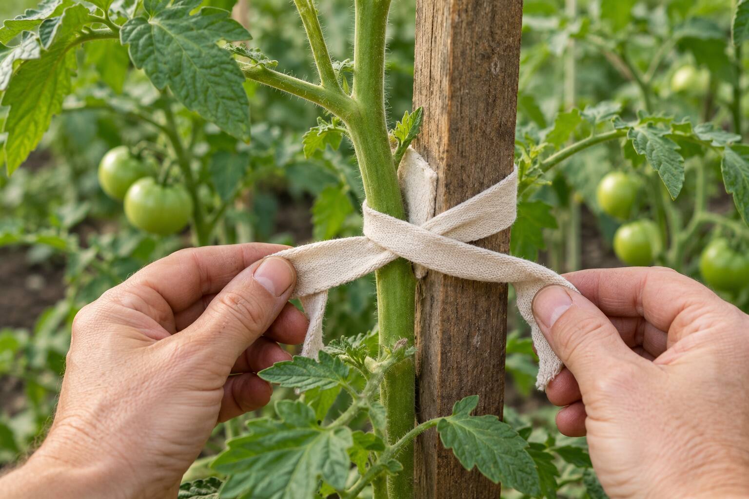 Luźne wiązanie pomidora do palika miękką taśmą ułożoną w ósemkę