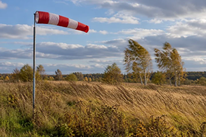 Biało-czerwony rękaw wiatrowy nad otwartą łąką z jesiennymi trawami i drzewami