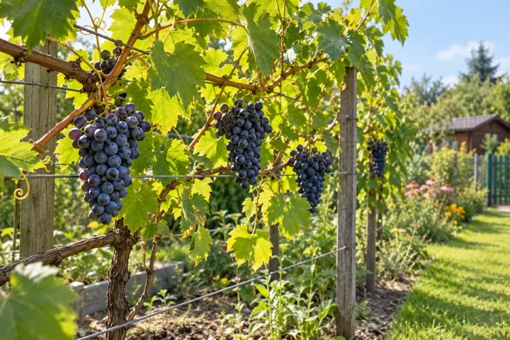Ciemne grona winogron z naturalnym nalotem na winorośli prowadzonej przy drutach w słonecznym ogrodzie