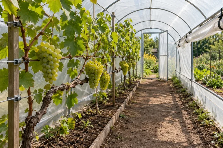 Jasne winogrona na podporze przy boku tunelu foliowego z otwartym wietrznikiem