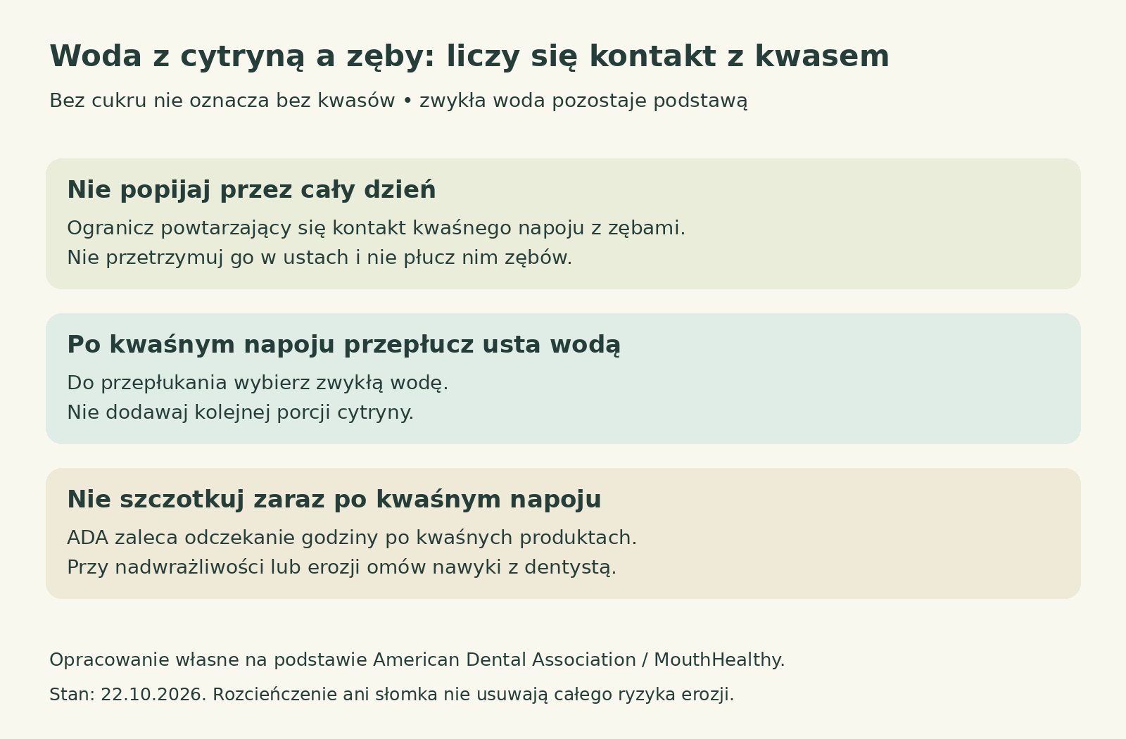 Trzy wskazówki: nie popijaj kwaśnej wody cały dzień, przepłucz usta zwykłą wodą i odczekaj godzinę ze szczotkowaniem według ADA