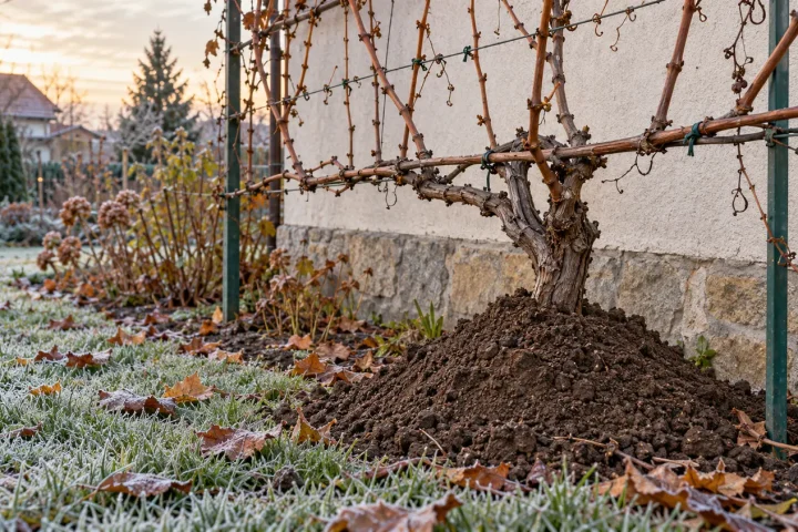 Winorośl przy podporze z kopczykiem ziemi chroniącym nasadę przed mrozem