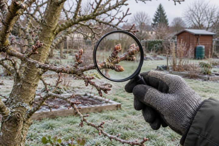 Oglądanie pąków jabłoni podczas zimowego przeglądu Dłoń w rękawiczce trzyma lupę przy bezlistnym pędzie jabłoni w zimowym ogrodzie