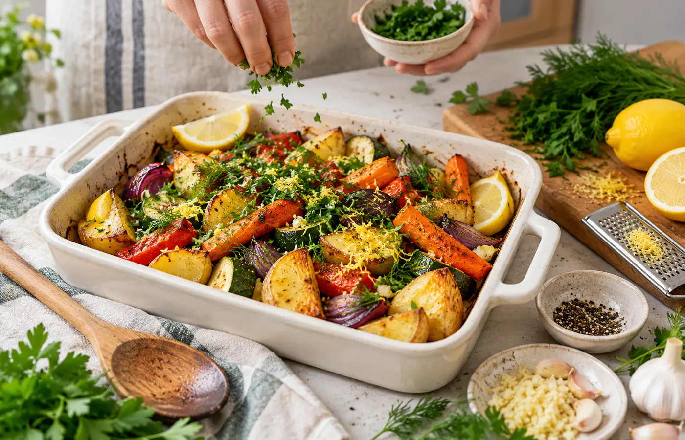 Pieczone warzywa doprawiane natką, koperkiem, cytryną, czosnkiem i pieprzem
