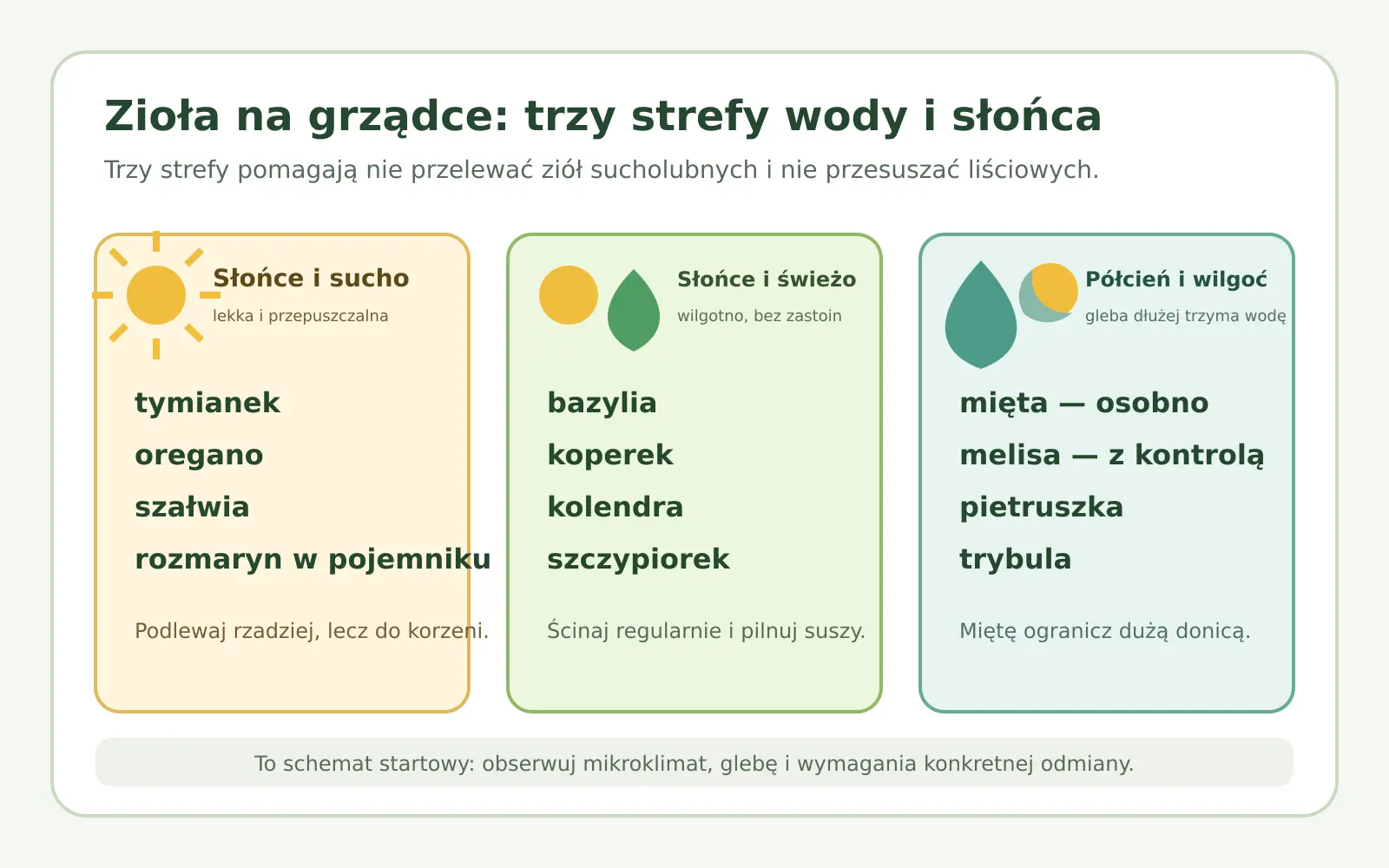 Schemat trzech stref grządki ziołowej według słońca i wilgotności z przykładami ziół