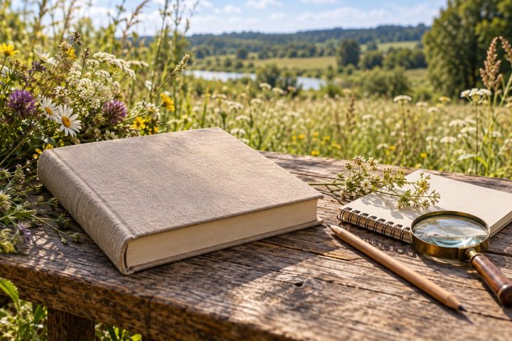 Książka w gładkiej oprawie i notes z lupą na stole przy łące